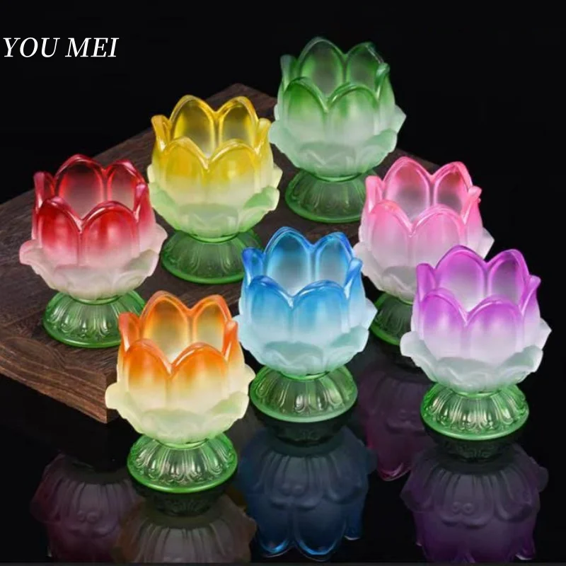 

Buddhism Hall Ghee Candlestick Holder,Multicolor Flower Six leaves Shape Tall Feet Altars Liuli Cndle Oil Lamp,Buddhist Item