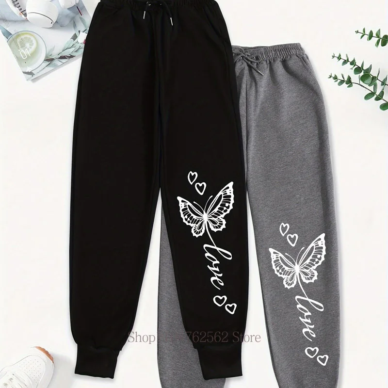 Butterfly Graphic Print T-shirts Women Autumn Winter Fashion Outdoor Sports Fitness Jogging Casual Long Pants Fleece Sweatpants