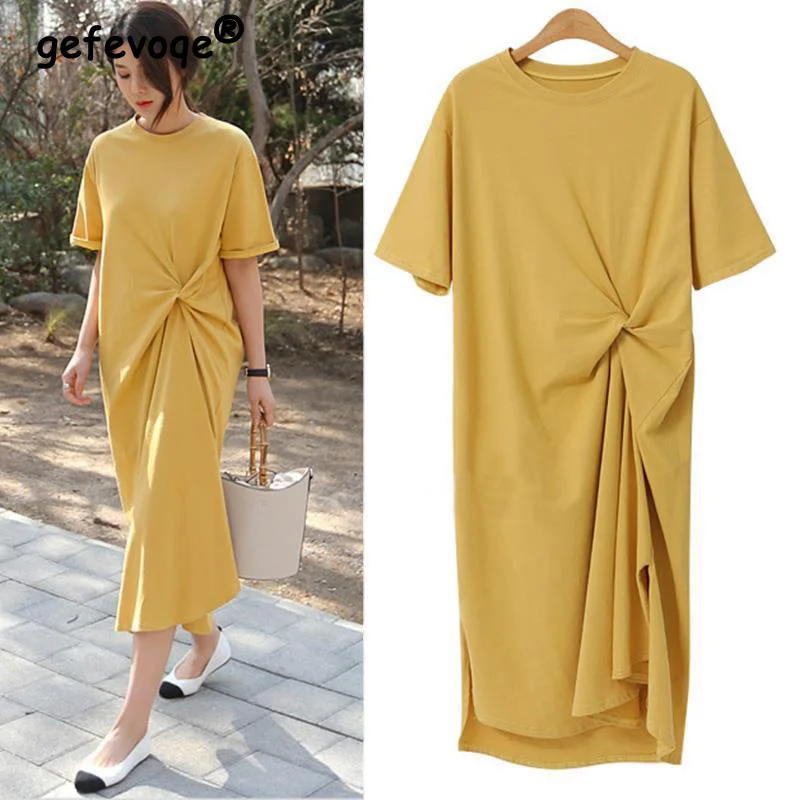 Simplicity Female Clothing Solid Color Kink Fold Design Summer Loose-fitting Short Sleeve Pullover T-Shirt Mid Length Dresses