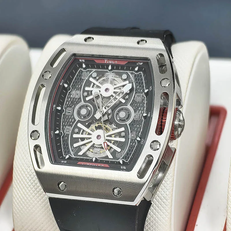 TVSILA Original Miyota Men's Automatic Mechanical Watch Stainless Steel Case Silicone Band Skeleton Waterproof Sport Wristwatch - Image 3
