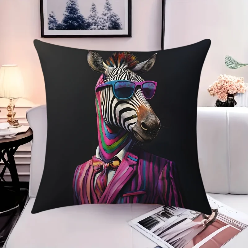 1pc 2D Flat Pillow Not Included Zebra Sunglasses Suit Art Cushion Cover Short Plush Funny Animal Lover Gift Case