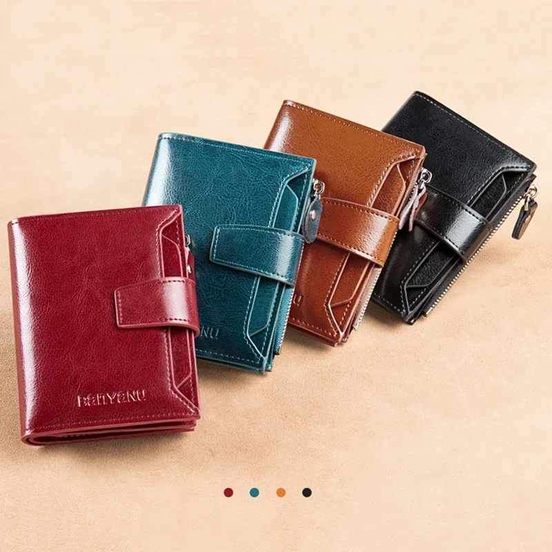 Genuine Leather Women's Wallet Multifunctional Anti Theft Swipe Card Bag Short Large Capacity Folding Zipper Wallets