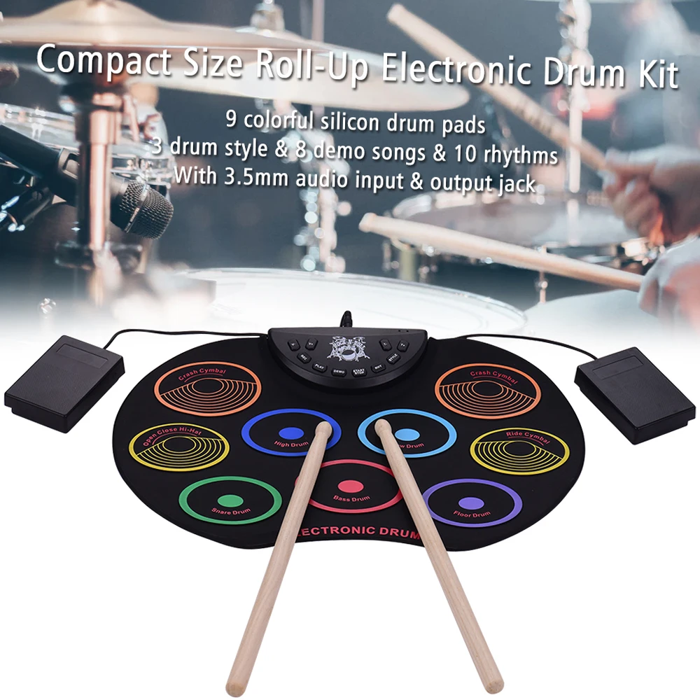 KD12 Compact Size Roll-Up Drum Set Electronic Drum Kit 9 Silicon Drum Pads USB/Battery Powered with Drumsticks Foot Pedals