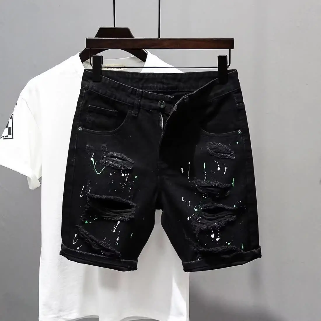 

Summer Casual Men's Denim Shorts Korean Straight Washed Jeans Short Ins Ripped Cat Whisker Ink Splash Plaid Black Five-Pants