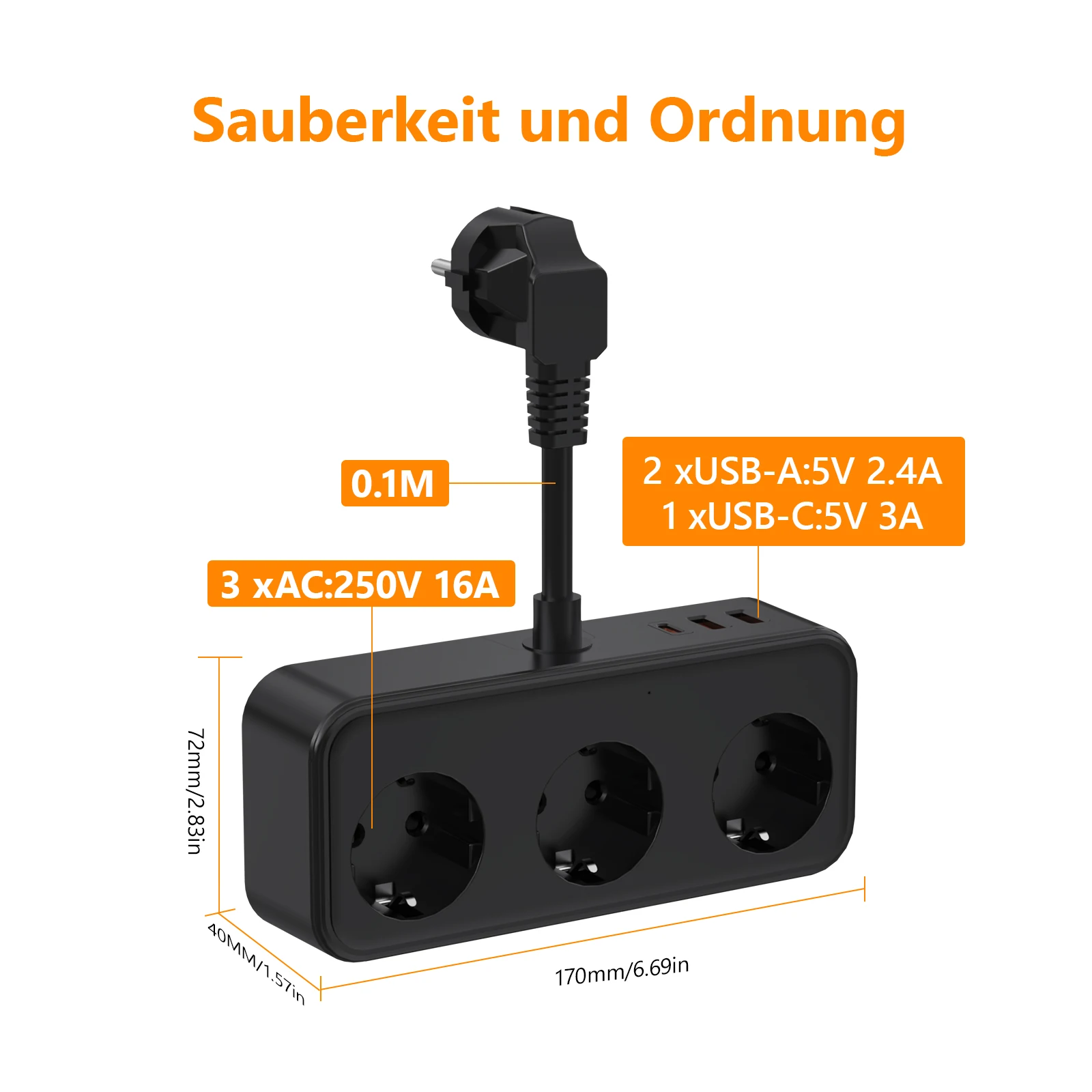 2400W EU Plug Power Strip With 2 USB A 1 Type C PD 20W 3 AC Outlets Electrical Socket Extension Cable Surge Protector For Travel