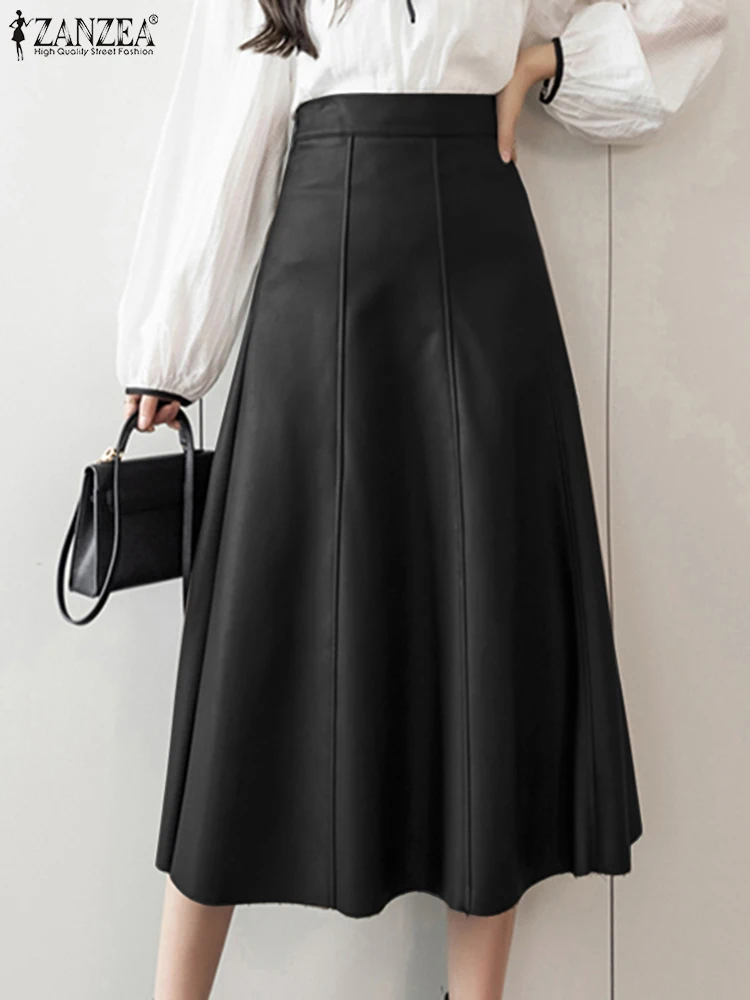 

ZANZEA Fashion Women PU Leather Midi Jupes 2024 Summer High Waist Skirt Solid Office Lady Skirt Elegant High Waisted Party Falda