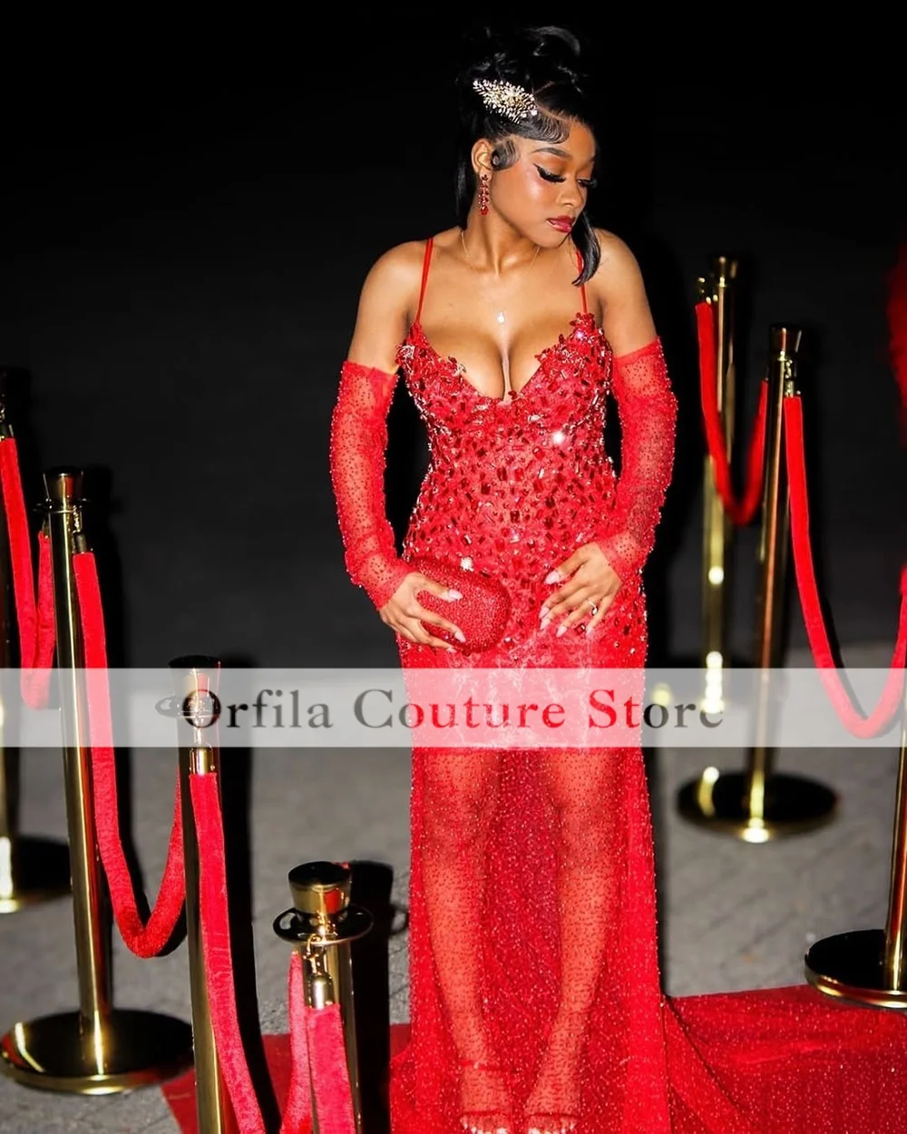 Luxury Red Sequin Mermaid Prom Dress Women Gloves Long Formal Evening Party Gown Customized