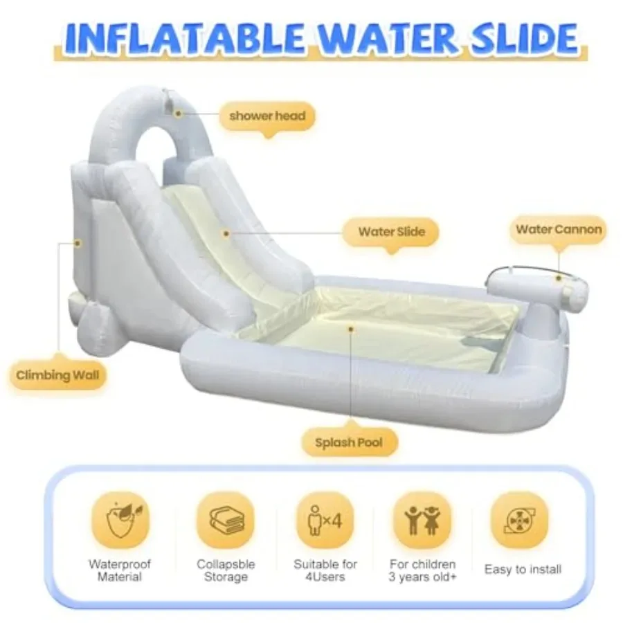 White Water Slide Park with Oxford Pool for Water Storage Bounce House with Included Air Blower Water Cannon and Climbing Wall