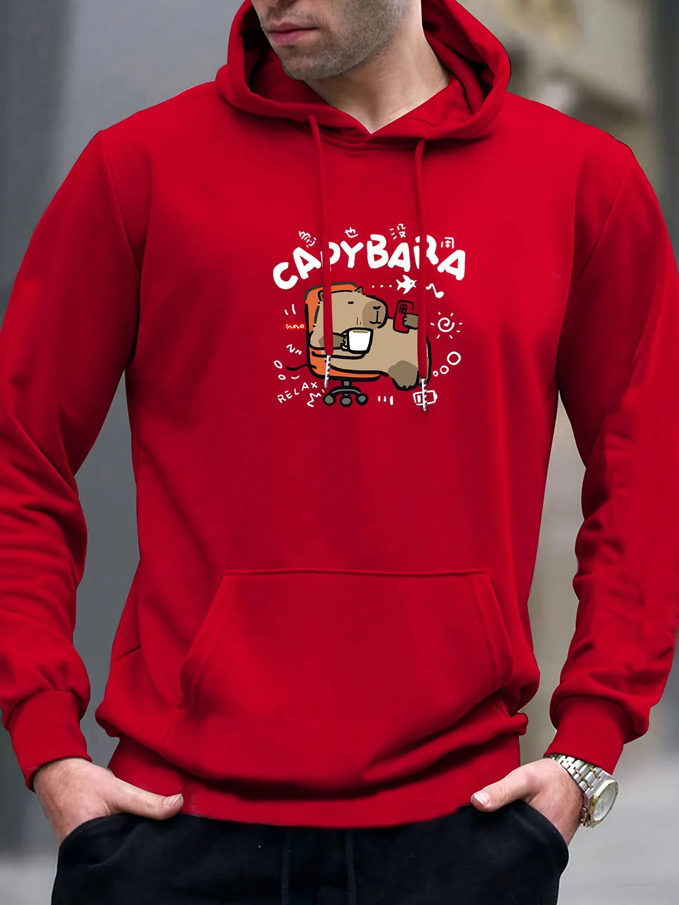 Men’s Capybara Graphic Hoodie Funny Cartoon Animal Print Plus Size Casual Pullover Sweatshirt Streetwear Autumn Winter
