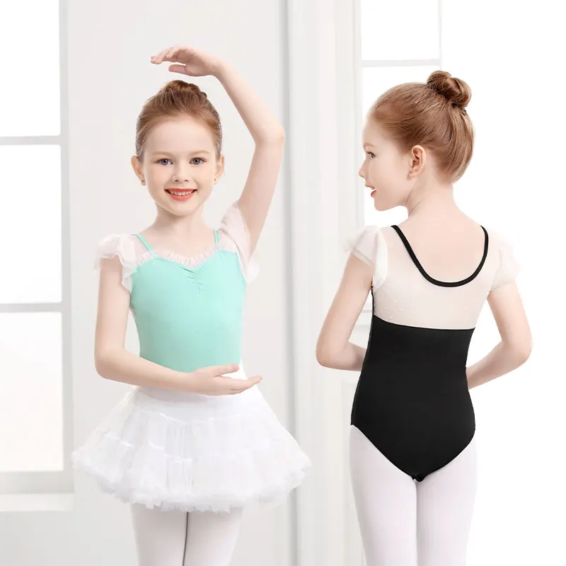 Girls Ballet Leotards Ruffle Sleeves Dance Leotard for Kids Flocked Splice Ballet Dance Bodysuit Child Gymnastic Leotards