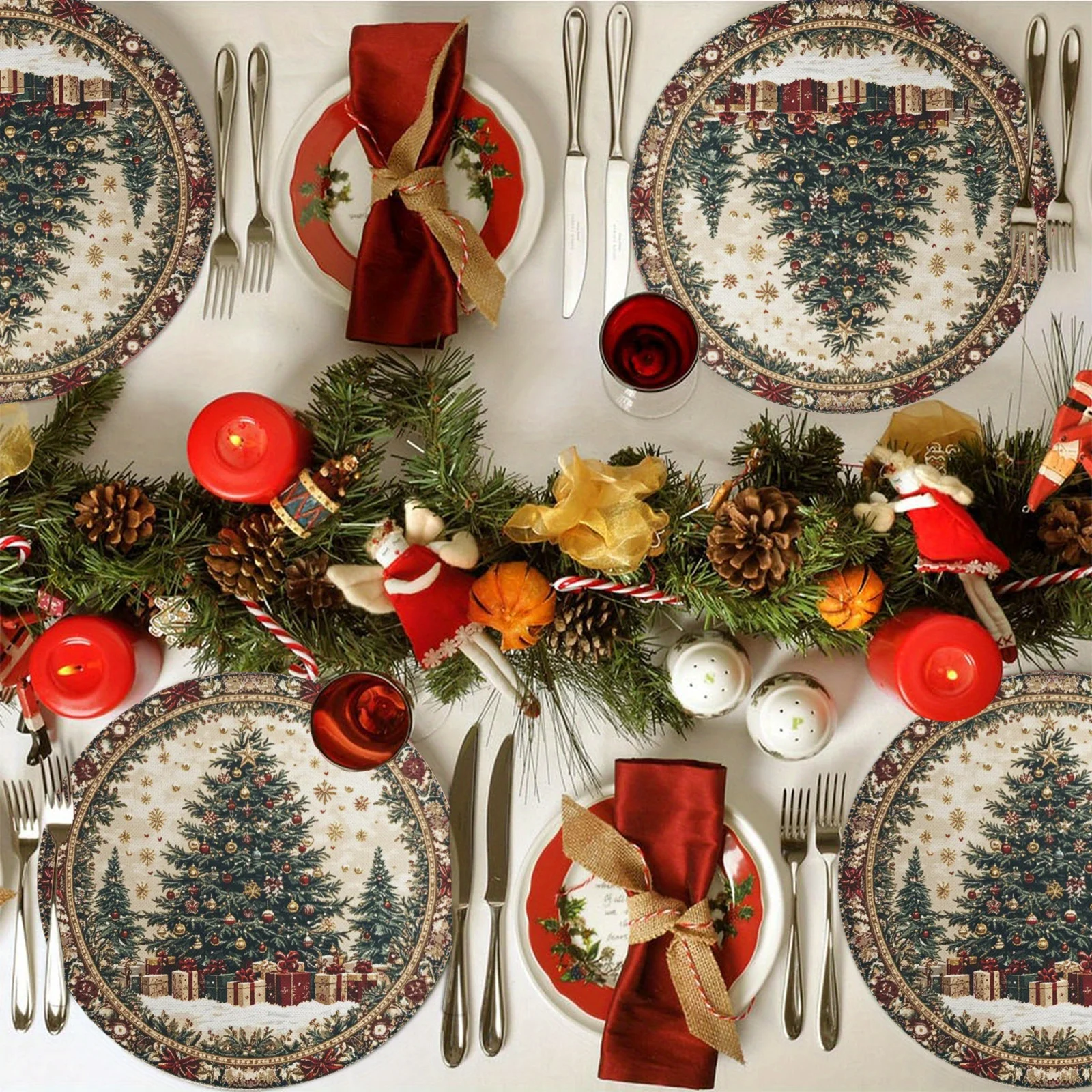 VIKAMA 4-częściowy zestaw okrągłych podkładek na stół z motywem świątecznym, dekoracje świąteczne na stół, akcesoria do dekoracji stołu na przyjęcia rodzinne i imprezy.