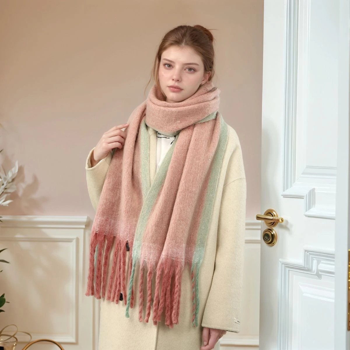

Winter New Shawl Tassel Women Patchwork Plaid Thickened Warm Imitation Cashmere Long Wraps Fashion Cold-proof Scarf 200*40cm