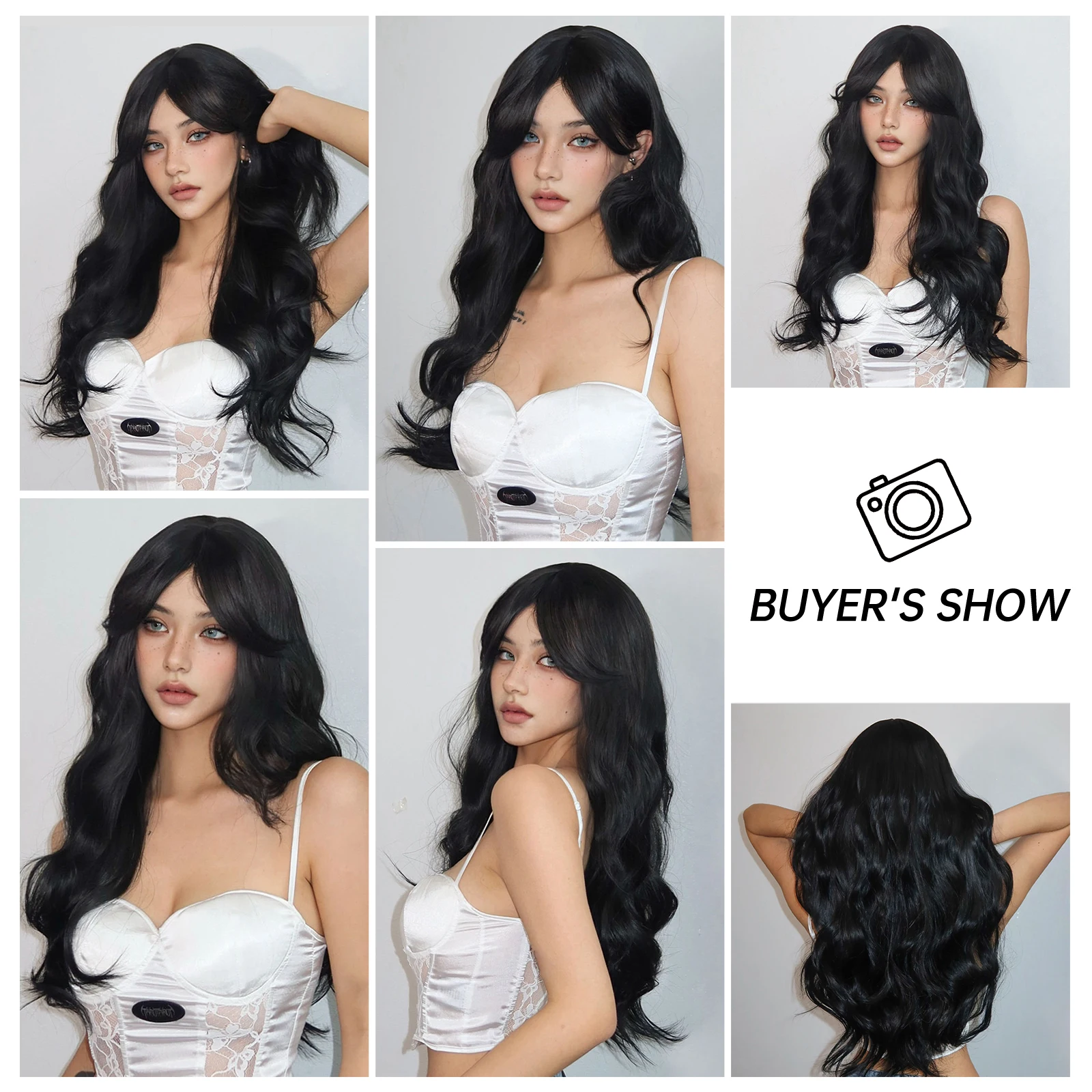 Black Long Wavy Wigs for Women Synthetic Wig with Bangs Deep Wave Hair Cosplay Wig Natural Looking Hair for Daily Heat Reisitant