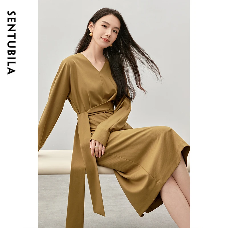 SENTUBILA Temperament Wool Dresses Women 2024 Autumn Straight Simple Twill V Neck Lace-up Waist Elegant Long Dress 143L57349