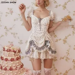 2024 Princess Flower Print Spliced Lace Drawstring Rope Mini Dress Women Short Puff Sleeve Ruffle Hem Ball Gown Cake Party Robe