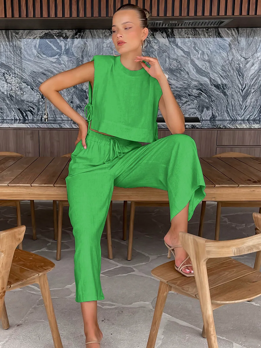 Summer Khaki Linen Pants Sets Women 2 Piece Fashion Sexy Lace-Up Crop Tops Vacation Elastic Waist Loose Long Pants Suits