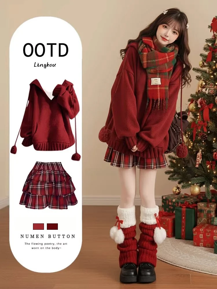 

Red Hoodie And Pleated Skirt Set Women's Beautiful Autumn Winter Outfit French Sle Knitted Long Sve Casual Wear