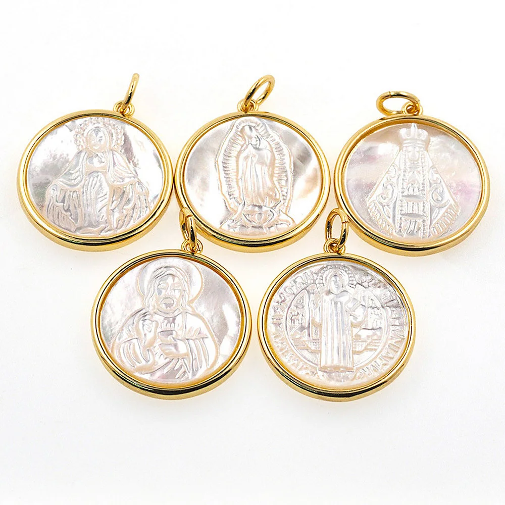 Vintage Virgin Mary Medal Pendant Round Shell Charms Christian Talisman Religious Prayer Women Fashion Jewelry Making For Girls