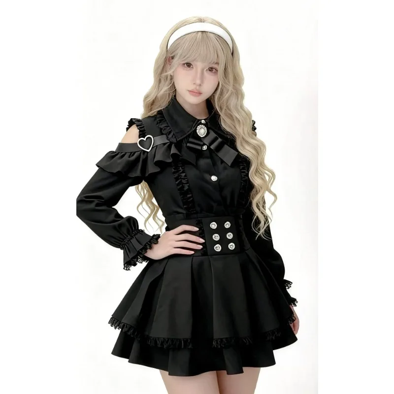 Japanese Kawaii 2 Piece Skirts Sets Autumn Casuall Vintage Style Y2k Crop Tops Blouse + Mini Skirts Vintage Lolita Dress Suits