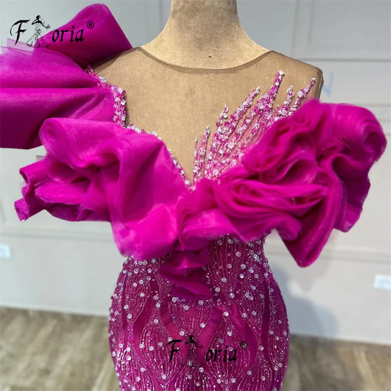 Graceful Ruffles Neckline Crystals Formal Occasion Dress Hot Pink Beads Mermaid Evening Prom Engagement Party Gowns Long Dresses