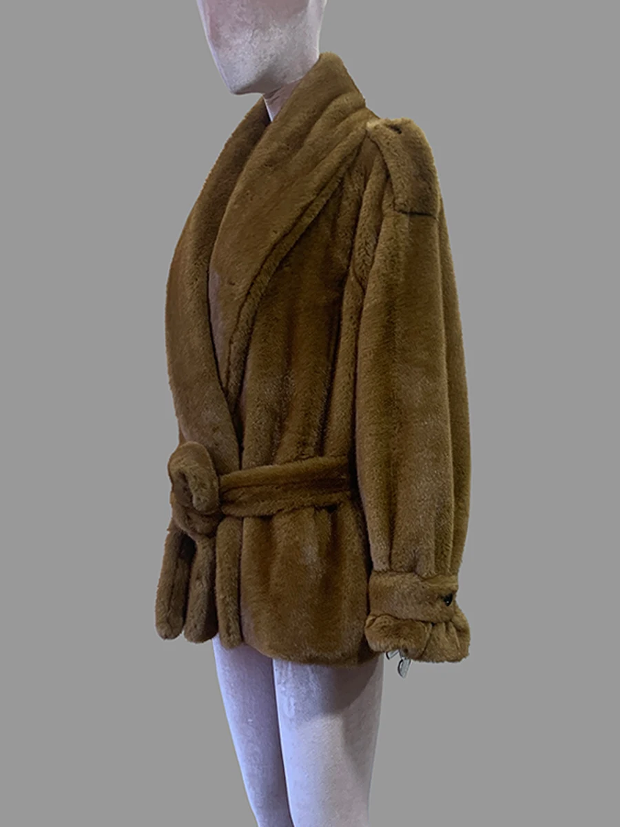 Nerazzurri Autumn Winter Brown Thick Warm Faux Mink Fur Coat Women Shawl Collar Sashes Elegant Luxury Chic Fluffy Jacket 2026
