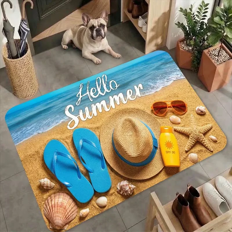 Hello Summer Beach Straw Hat Flip Flop Seashell Print Doormat Non Slip Indoor Outdoor Tropical Seaside Welcome Rug For Balcony