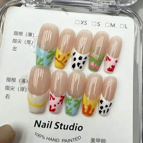 10pcs Sweet Spicy Girl Candy Handmade Nails Press Ons Long Naked Pure French Fake Nails Full Cover Detachable Coffin Nail Tips