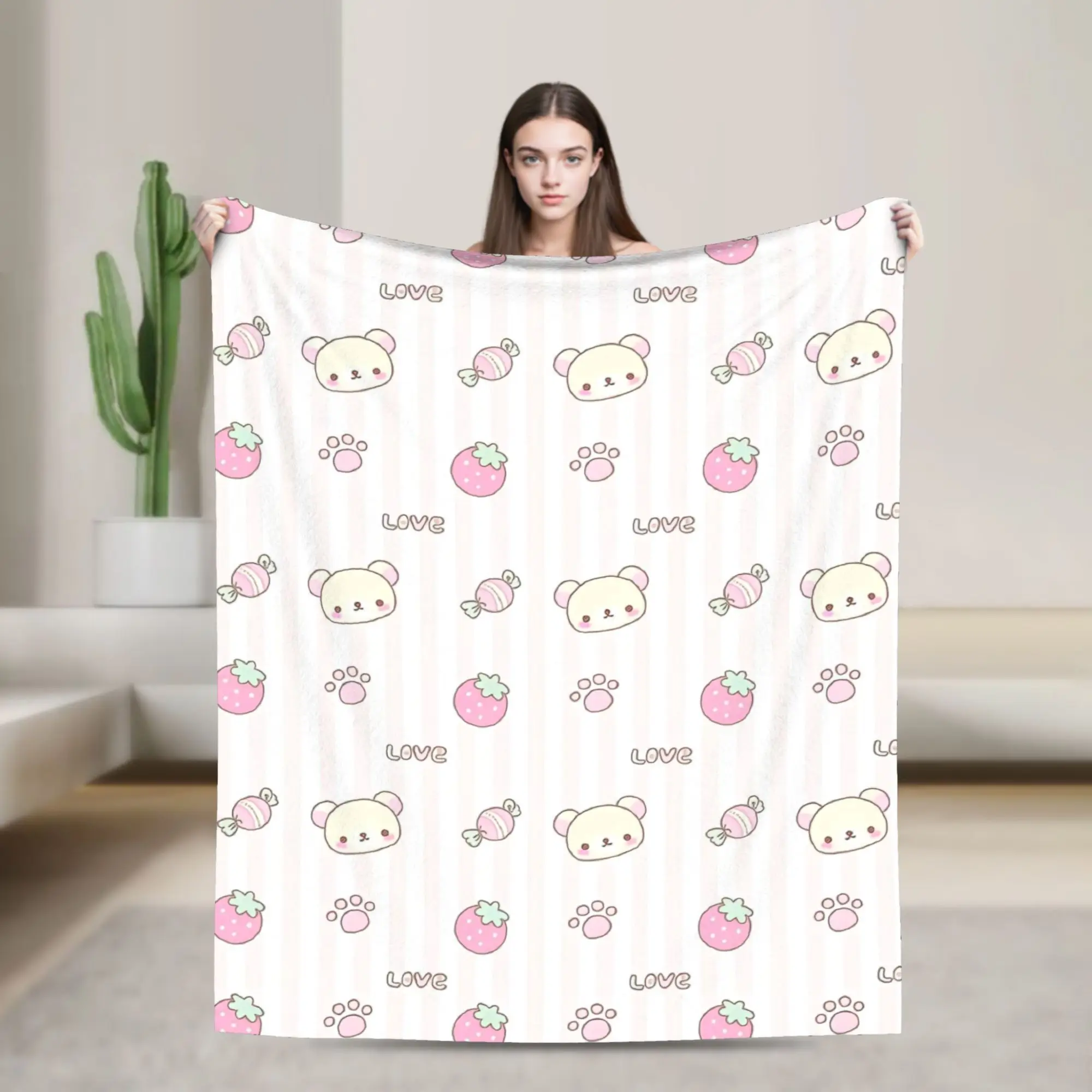 

Rilakkuma Candy Strawberry Korilakkuma Blanket Plush Funny Warm Throw Blankets for Bedding Lounge Winter