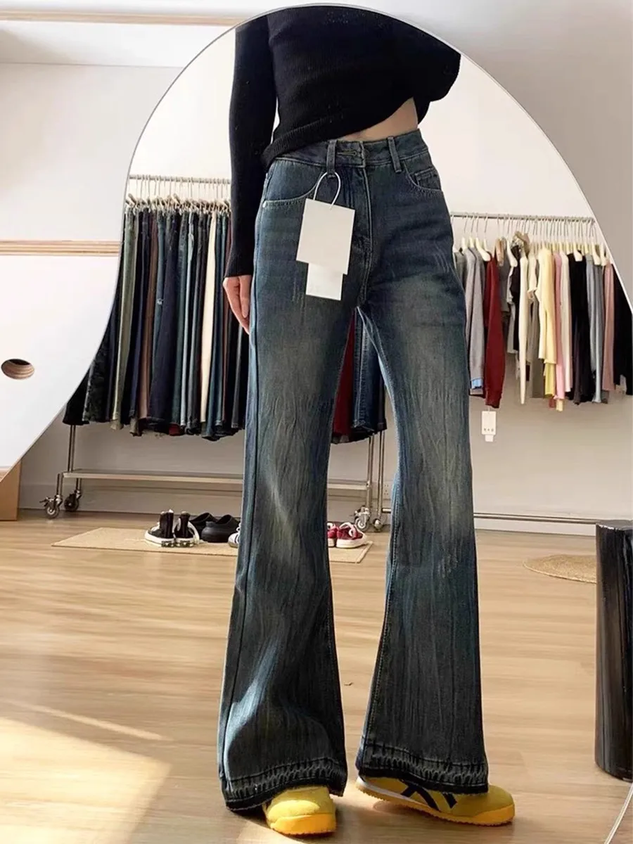 

Американские ретро-джинсы-клеш для женщин, свободные, с высокой талией, широкие брюки, осенне-зимние, больших размеров, дизайнерские, стройнящие, длинные