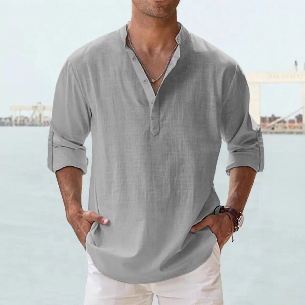 

Loose Fit Pure Cotton Long Sve Stand Collar Men's Casual irt Spring Autumn Wear Comfortable Breathable Sweat Absorbent