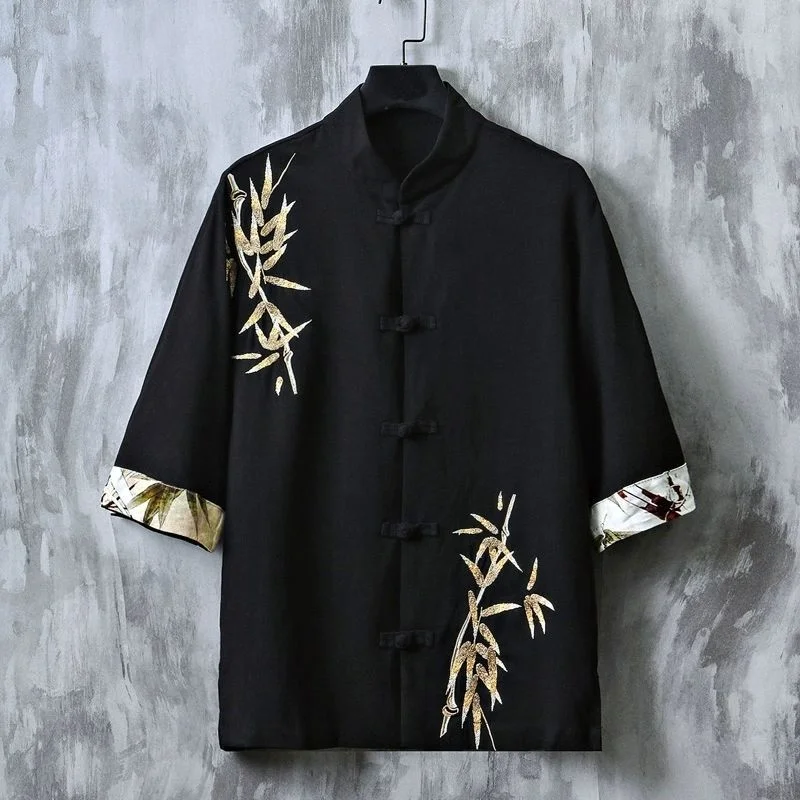 

Summer Short-sleeved Shirt Men's Thin Chinese Style Hanfu Embroidered Tea Clothes Zhongshan Suit Tang Suit Half-sleeved Trendy