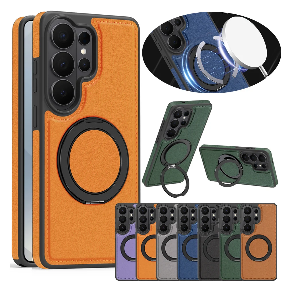 Kabelloses Laden, 360-Grad-Ledertasche mit Ringschnalle für Samsung Galaxy S26 Ultra, S25 Edge S24 Plus S23 S22 KickStand-Telefonabdeckung