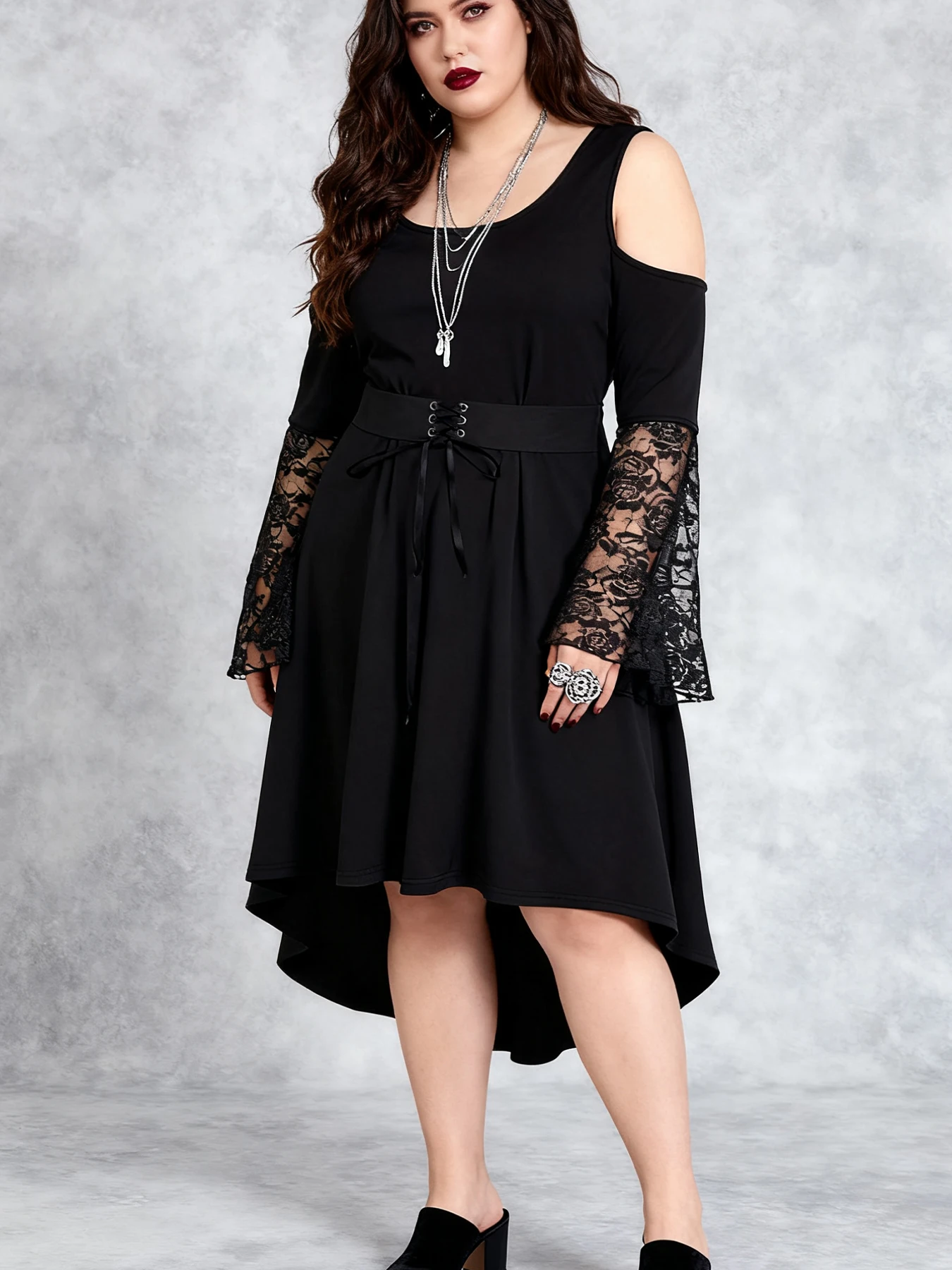 Plus Size Gothic Cold Shoulder Lace Bell Sleeve Midi Dress, Criss Cross Lace Up Waist Asymmetrical High Low Hem Long Sleeve