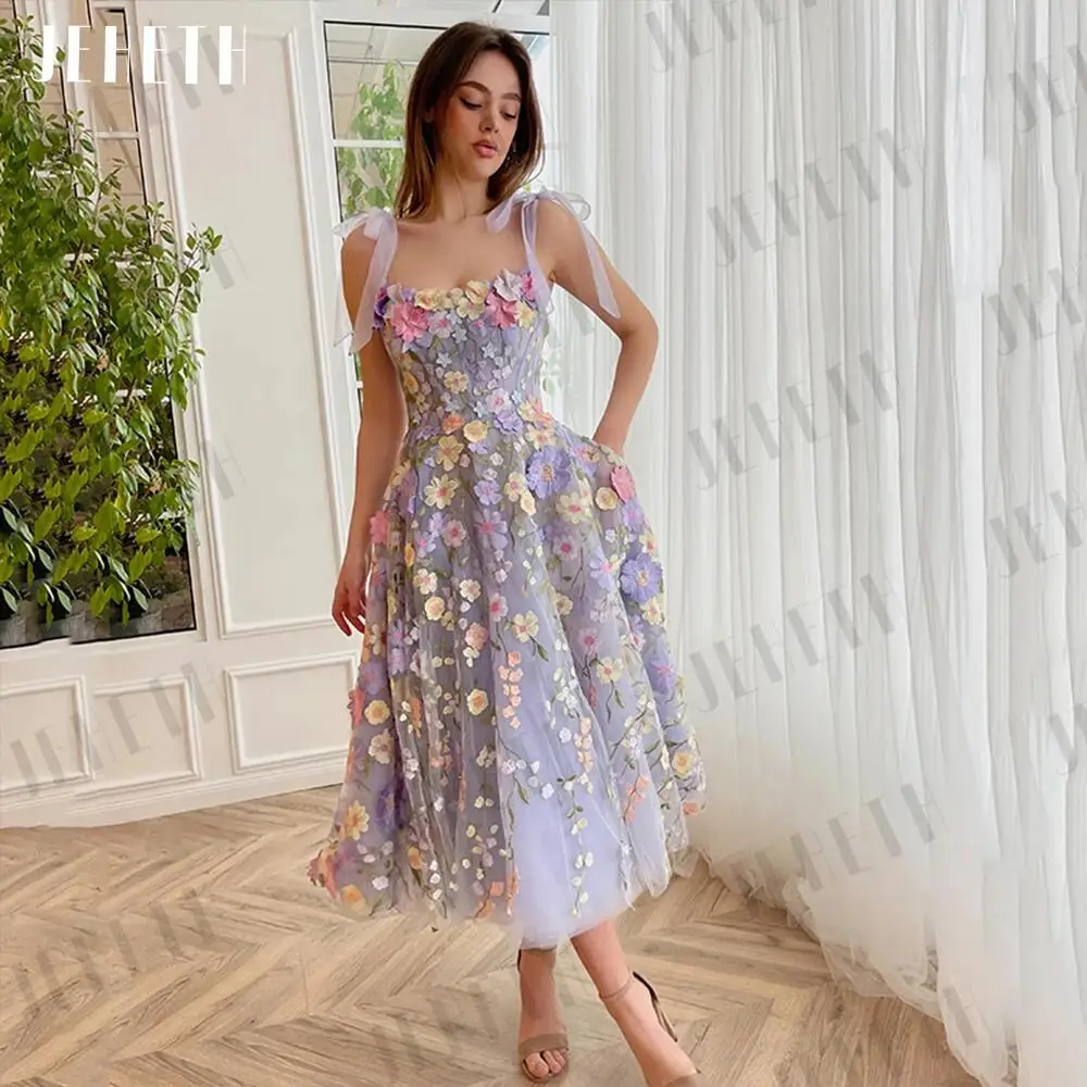 Purple Knee Lenght Party Dress Elegant 3D Flower Embroid Evening Dresses Spaghetti Strap Vestidos De Noche Sexy Prom Dress