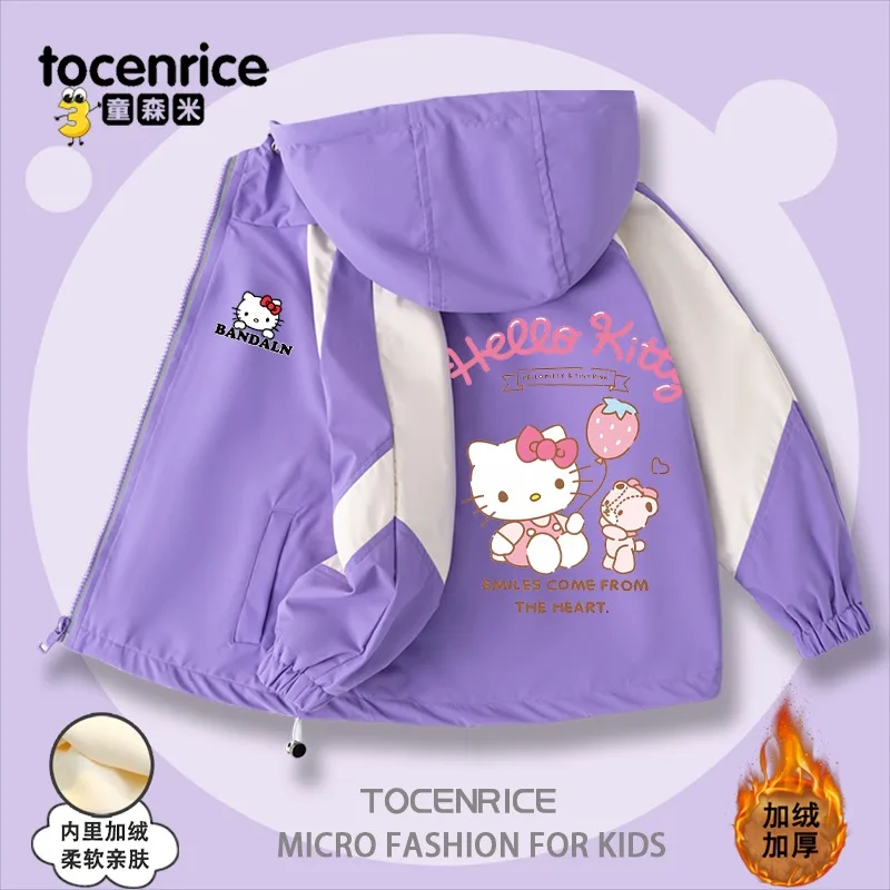 Anime Kawaii Sanrio Hello kitty Polarized Jacket Cotton Kids Hooded Cartoon Detachable Casual Top Girl Warm Outdoors Windbreaker