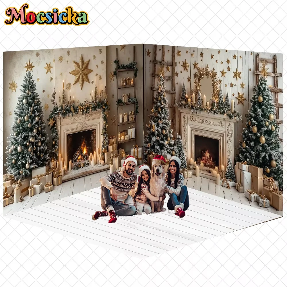 

Mocsicka Christmas Fireplace Backdrop Photography Xmas Tree Ladder Decor Kid Family Holiday Party Photo Background Studio Banner