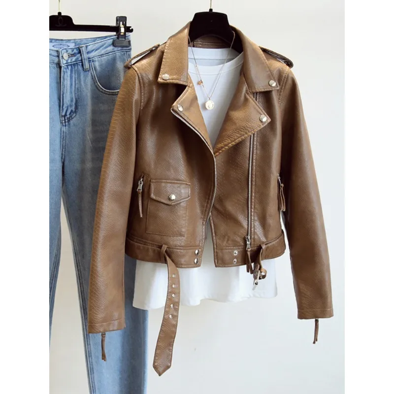 2023 New Style Spring Autumn Faux Leather Jacket Slim Streetwear Khaki Leather Coat Biker Moto Jacket with Belt Female Outerwear