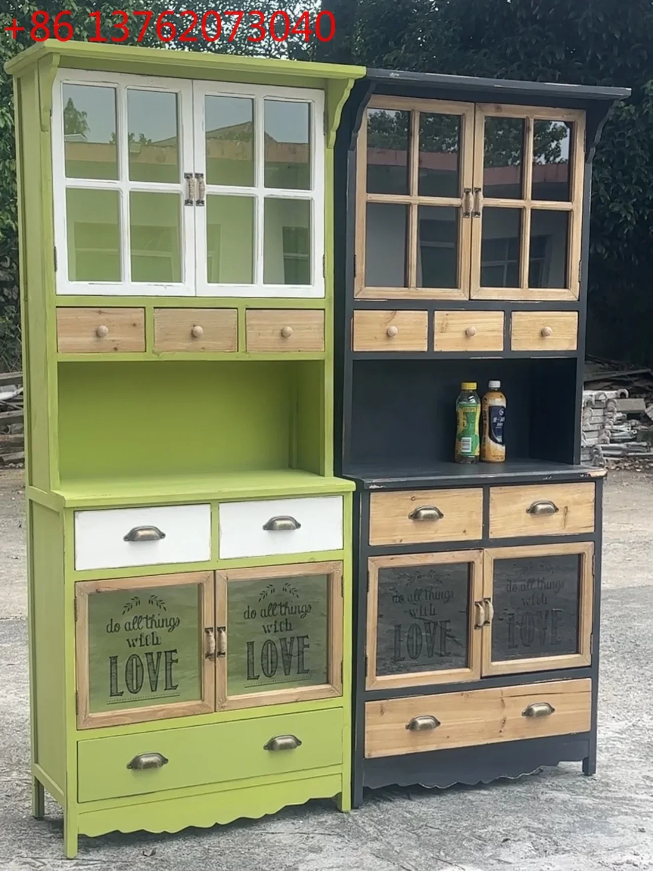 Special offer! American country style solid wood green retro old big cabinet glass door multi-pump cabinet display cabinet
