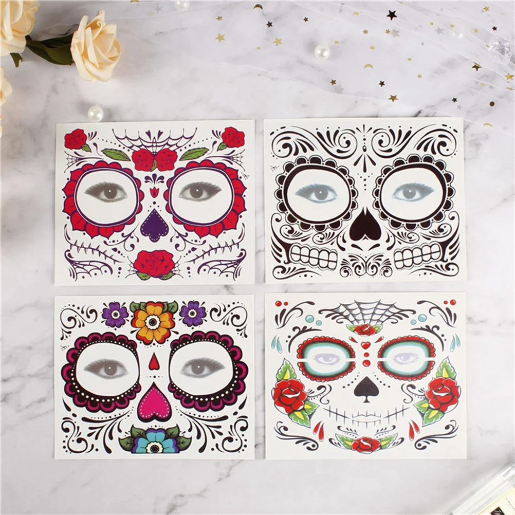 4pcs Temporary Skull Face Tattoo Temporary Day Of The Dead Floral Stickers For Halloween Tattoo Stickers Waterproof And Durable