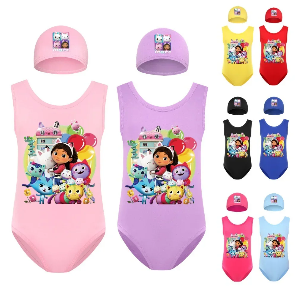 

Gabbys Dollhouse Toddler Girls Swimsuit Cats Swimwear Kids One Piece Beach Wear with Cap 2pcs Sets Children Sleeveless Swimming