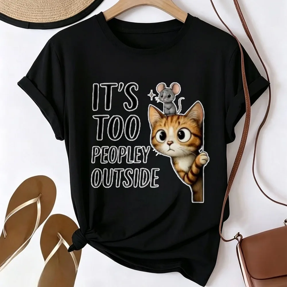 It's Too Peopley Outside Cute Orange Cat and Mouse Graphic T-shirt Men Women Introvert Funny Cartoon Animal Letter Print Tee Top