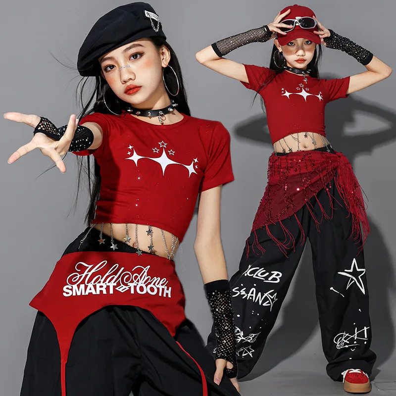 Nuove ragazze Hip Hop Street Dance Costume Rosso Crop Top Pantaloni larghi Performance Abiti da ballo moderni Set Gruppo Jazz Stage Outfit