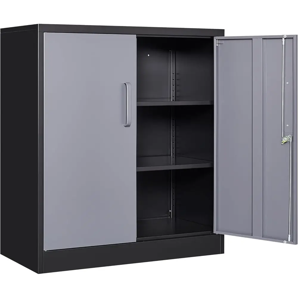 Metal Storage Cabinet with Doors and Shelves, Garage Storage Cabinet with Lock, Black Grey Metal Cabinet with Locking Door, Stee
