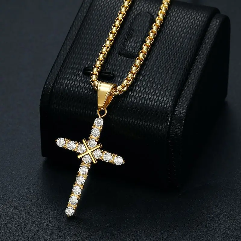 Megin D Stainless Steel Titanium Hip Hop Iced Out Double Cross Pendant Collar Chains Necklace for Men Women Couple Gift Jewelry