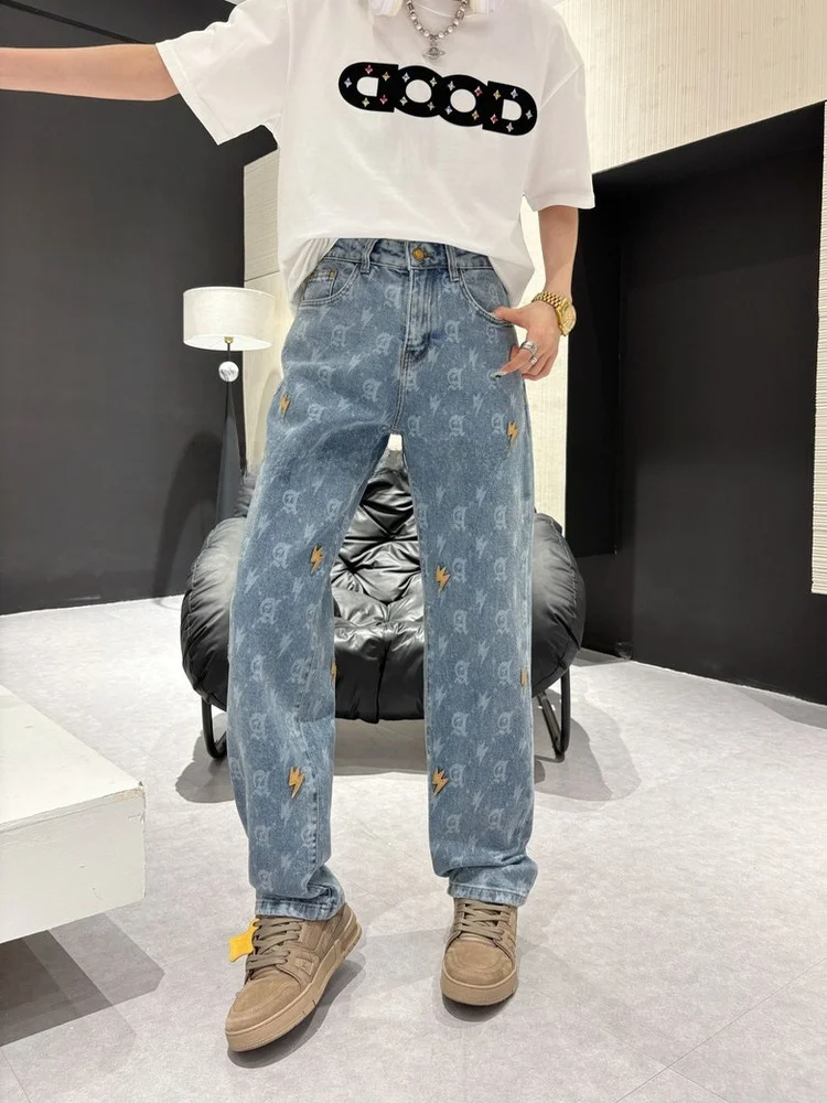 

Новые джинсы 2026 года с вышивкой и цветочным узором, прямого кроя, унисекс, свободные, класса люкс, длинные брюки, модные повседневные джинсовые штаны
