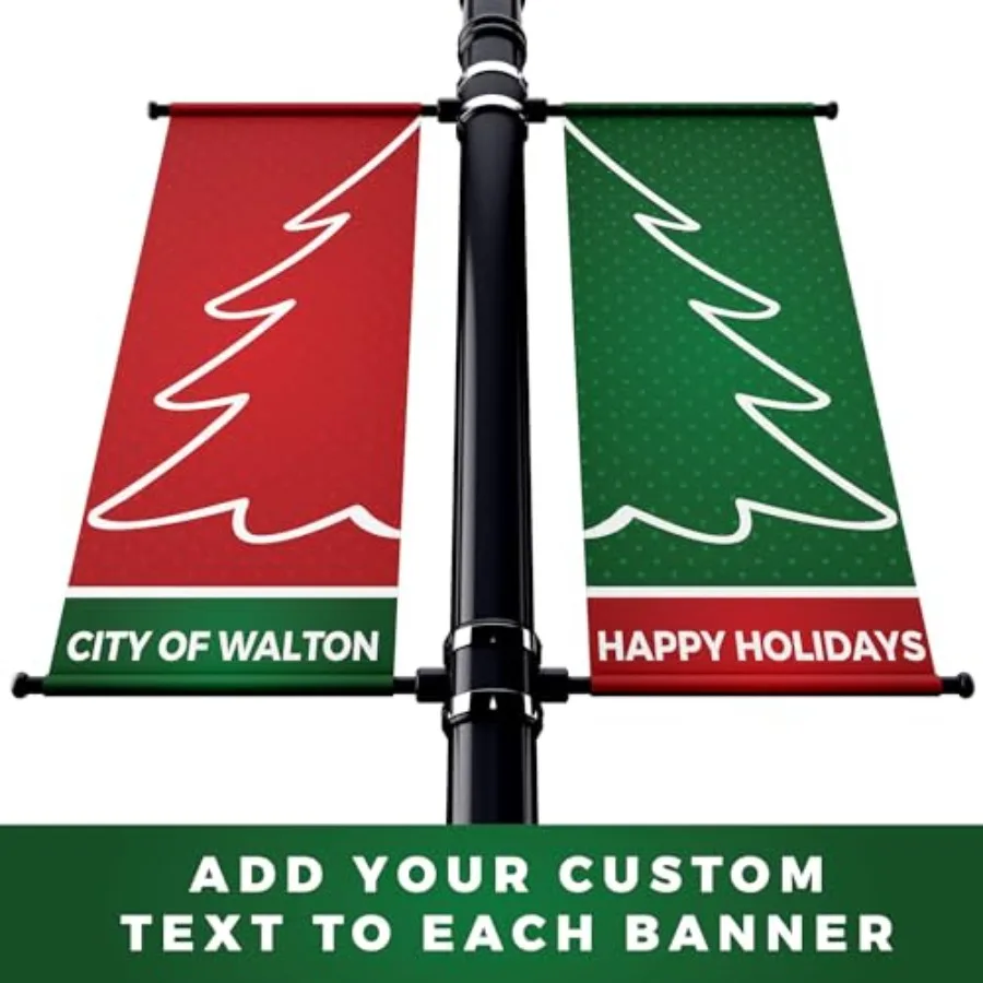 Holiday Street Light Pole Banners For City Business Event Decorations Vinyl Material Red And Green Double-Sided Heavy-Duty Outd