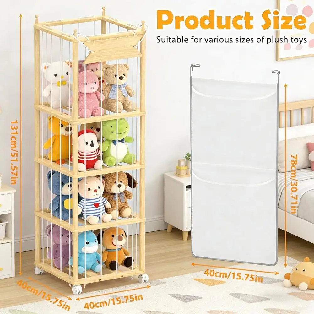 Animal Storage, Wooden Zoo Toy Organizer with Wheels & Hanging Net, Cute Plush Toy Display Stand for Kids Bedroom, Playroom & Nu view 2