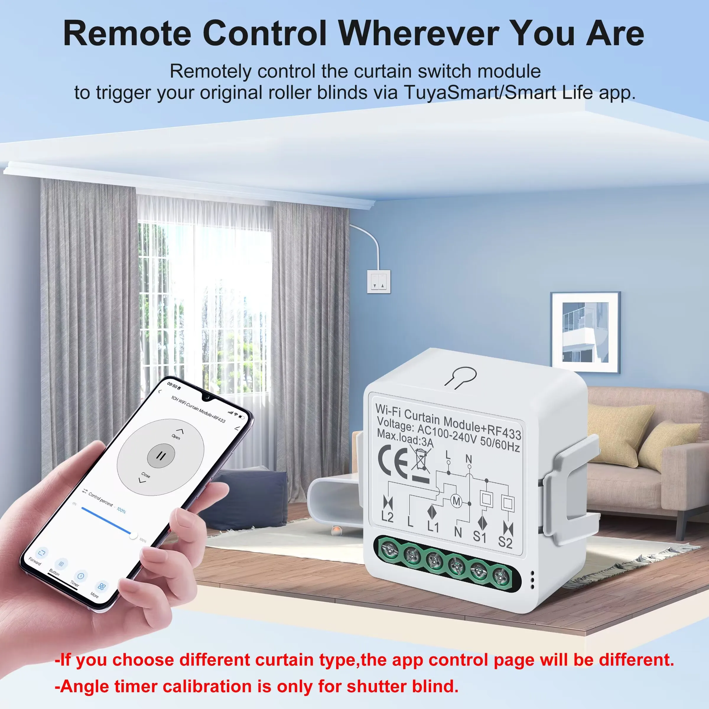 GIRIER Tuya Smart WiFi RF433 Curtain Switch Module for Roller Shutter Blind Motor Supports Timer Function Alexa Alice Hey Google