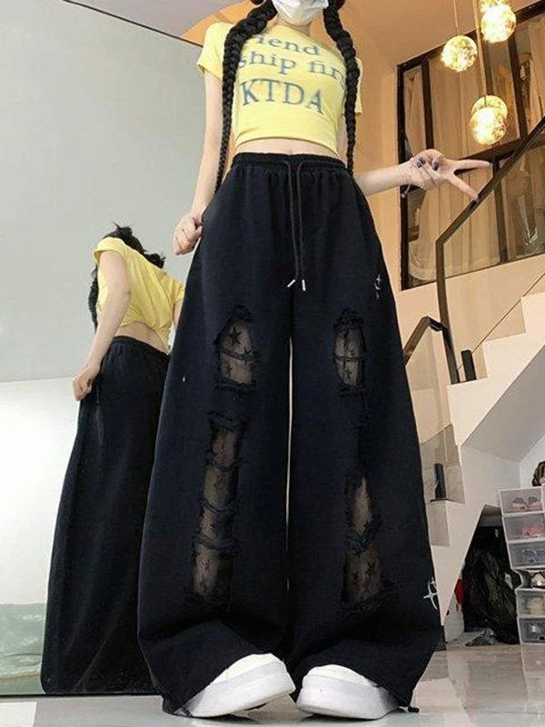 

plus Size Lace Detail Wide Leg Jeans High Waist Casual Trousers for plus Size Women Jazz Dance Fashion Brand Spring Summer