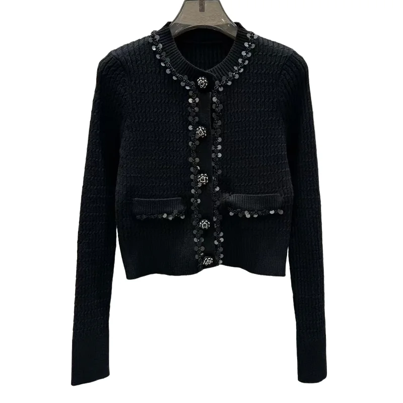高品質の新作カーディガン 2025 秋冬 ニットウェア レディース スパンコール ビーズ装飾 ロングスリーブ カジュアル ブラック ウール混紡 カーディガン